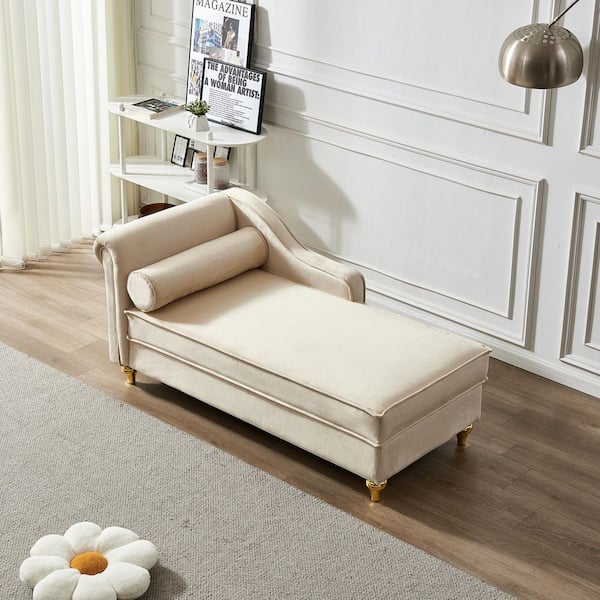 60.6 in. Beige wood Frame Modern Velvet Bench, Chaise Lounge Chair with Hidden Storage and Gold Metal Legs