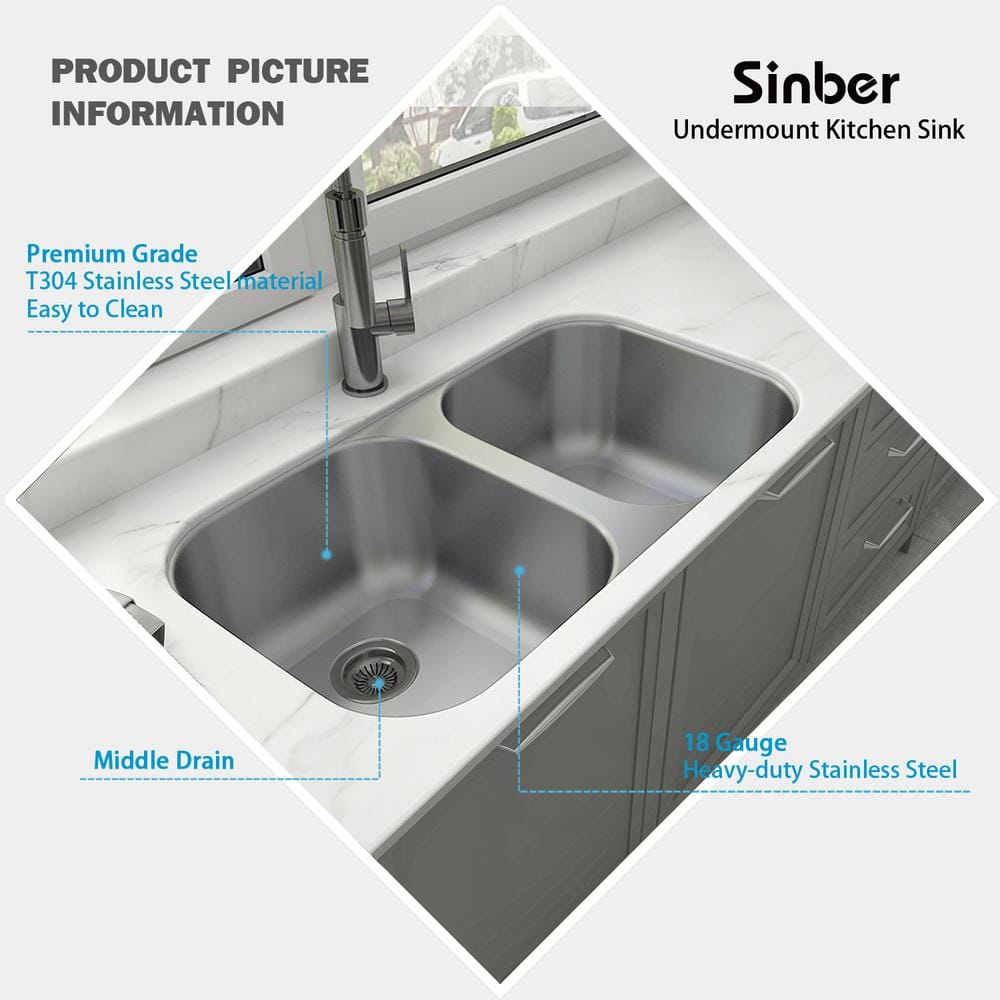 Sinber 32" Stainless Steel Double Bowl Drop-In Kitchen Sink