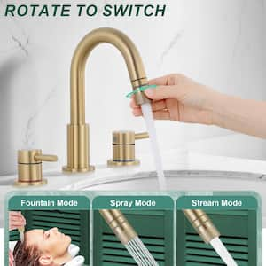 8 in. Widespread Double Handle Bathroom Faucet 3-Hole with Pull Out Sprayer and Pop-Up Drain, in Brushed Gold