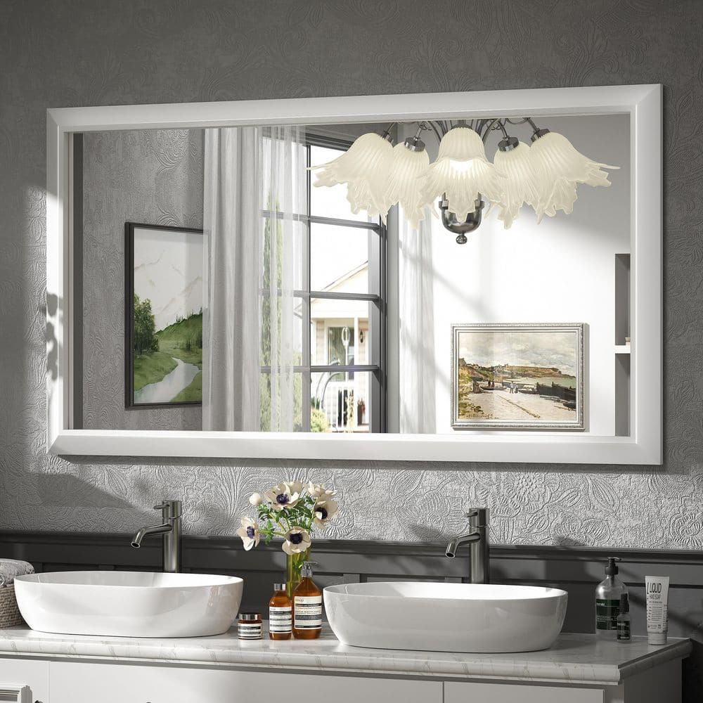 55 in. W x 30 in. H Rectangular Aluminum Alloy Framed and Tempered Glass Wall Bathroom Vanity Mirror in Matte White price history on PriceWatchPro