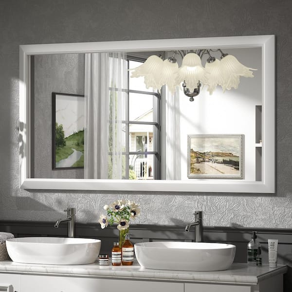 55 in. W x 30 in. H Rectangular Aluminum Alloy Framed and Tempered Glass Wall Bathroom Vanity Mirror in Matte White