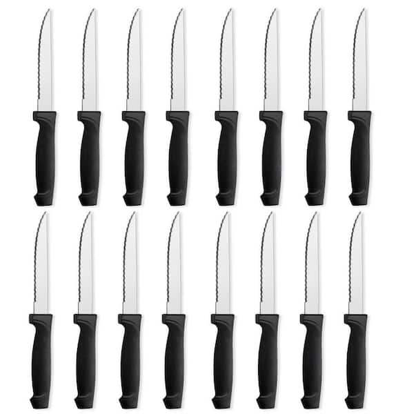 4.28 in. Stainless Steel Partial Tang Serrated Edge Steak Knives with Black PP Handle (Set of 16)