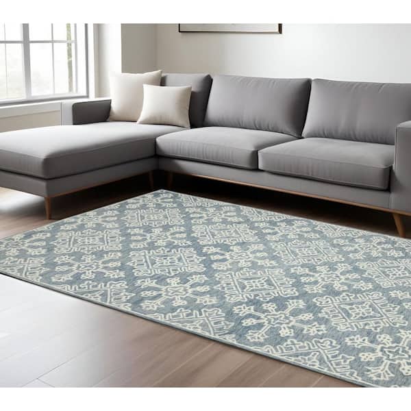 8 ft. x 10 ft. Sky Blue And Ivory Wool Oriental Hand Hooked Area Rug