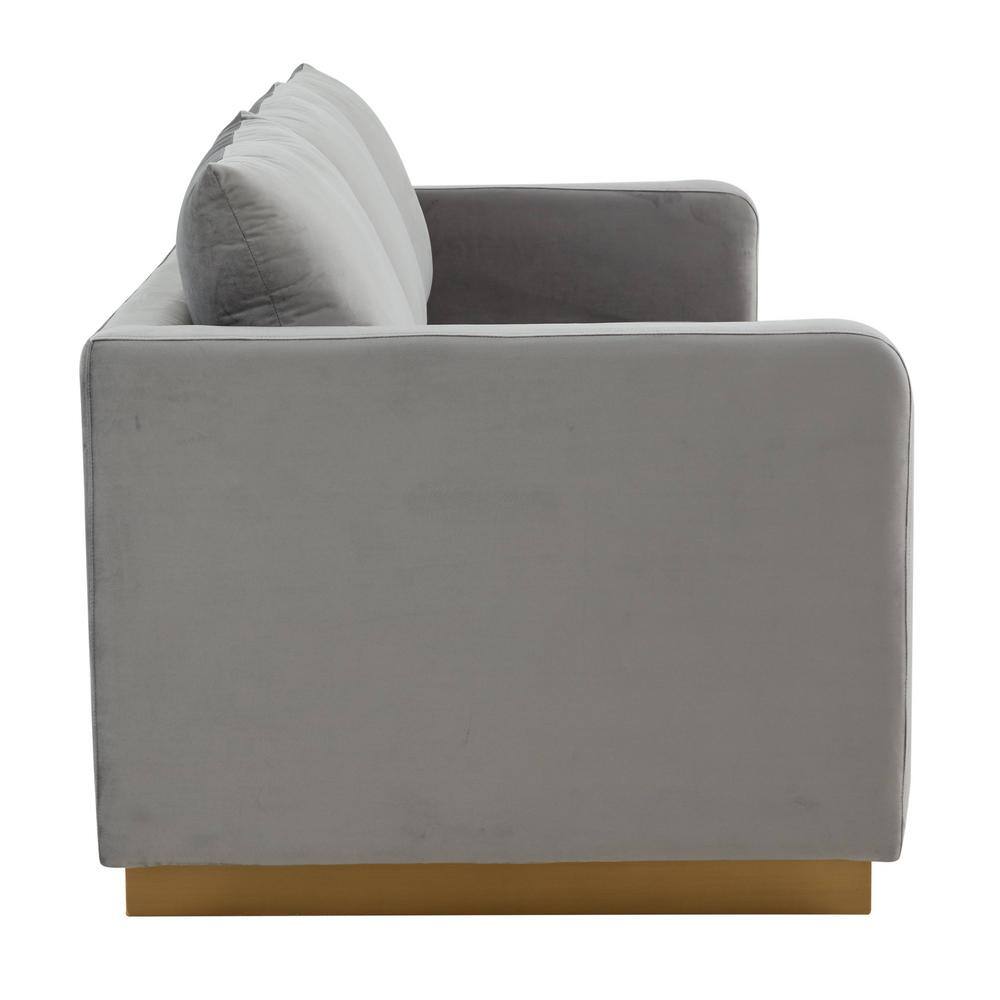 LeisureMod Nervo 65'' Light Grey Velvet Upholstered Sofa with Gold Frame