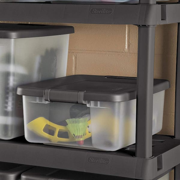 Sterilite 25 Qt. Shelf Tote with Flat Gray Lid and Platinum Latches (18-Pack)