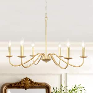 Ercel 6-Light Gold Dimmable Classic Candle Rustic Linear Farmhouse Chandelier for Kitchen Island with no bulbs included