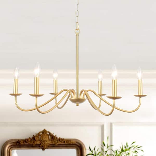 LWYTJO Ercel 6-Light Gold Dimmable Classic Candle Rustic Linear Farmhouse Chandelier for Kitchen Island with no bulbs included