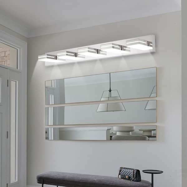 40 in. W Modern 5 Lights LED Vanity Light Chrome Wall Sconce Dimmable Lighting Fixture for Bathroom Mirror
