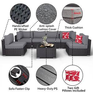 7-Piece Wicker Patio Conversation Set with Gray Cushions and Pillows, also Rain Resistant Sofa Cover