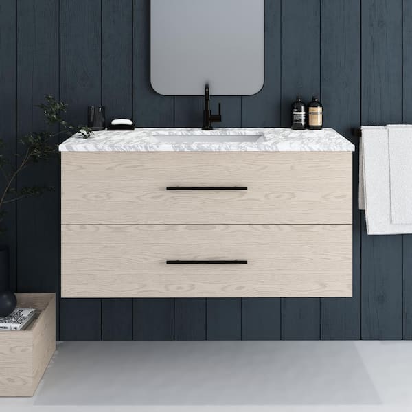 Napa 48 in. W x 22 in. D x 21.75 in. H Single Sink Bath VanityWall in Natural Oak with White Carrera Marble Countertop