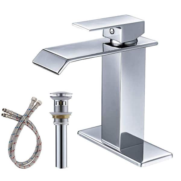 Unbranded Waterfall Single Handle Single Hole Mid-Arc Bathroom Faucet Drip-Free Vanity Sink Faucet with Pop Up Drain in Chrome