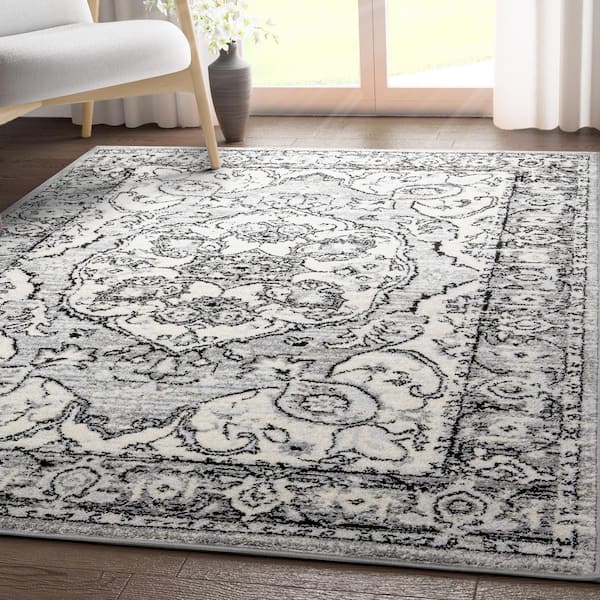Ivory Grey 7 ft. 10 in. x 9 ft. 10 in. Mystic Arctic Bloom Vintage Medallion Oriental Area Rug