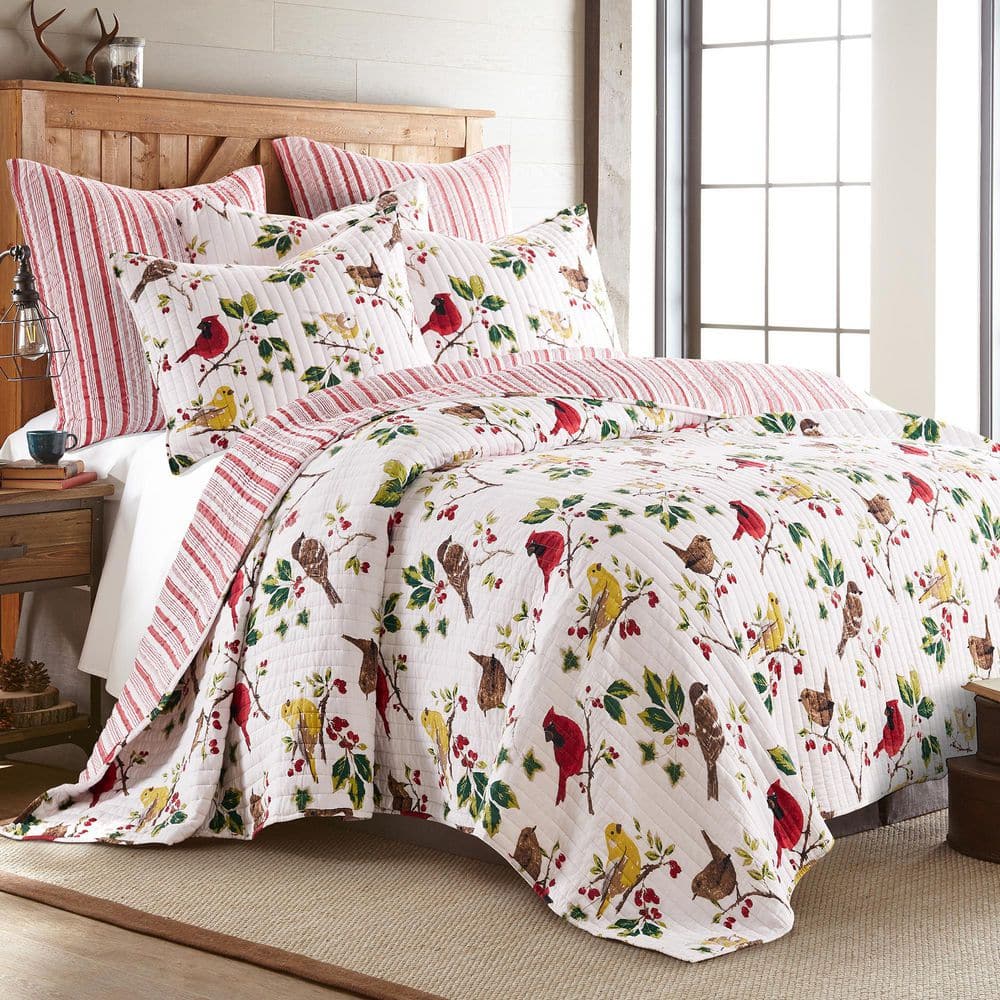 Joy Birds Reversible Red and White Microfiber Full/Queen Quilt Set
