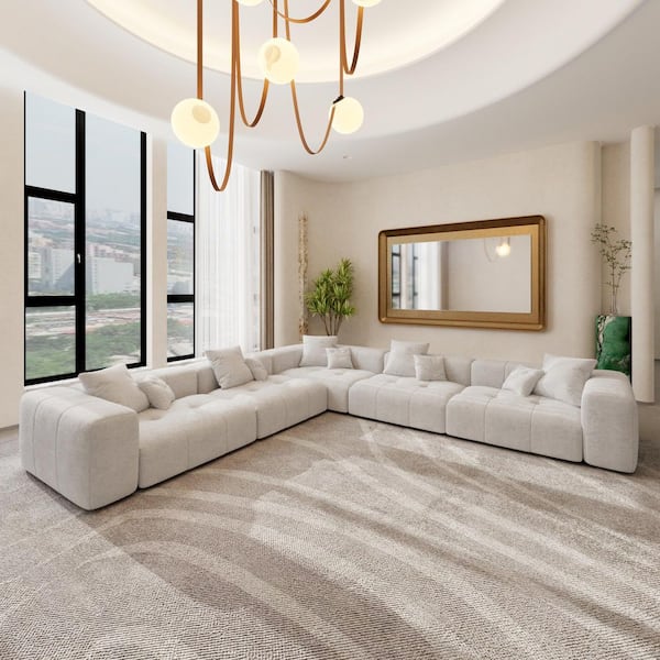 J&E Home 144.14 in. Oversized Linen Modular Deep Seat Sectional