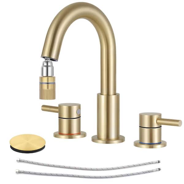 2 handle Pull down Spout 8 in. Widespread Bathroom Faucet 3 Hole Bathroom Sink Faucet in Brushed Gold