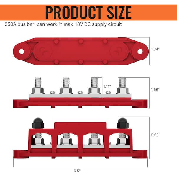 250 Amp 4-Post Power Distribution Block with Protective Cover, Heavy-Duty Bus Bar for Marine, Automotive (2-Pack)
