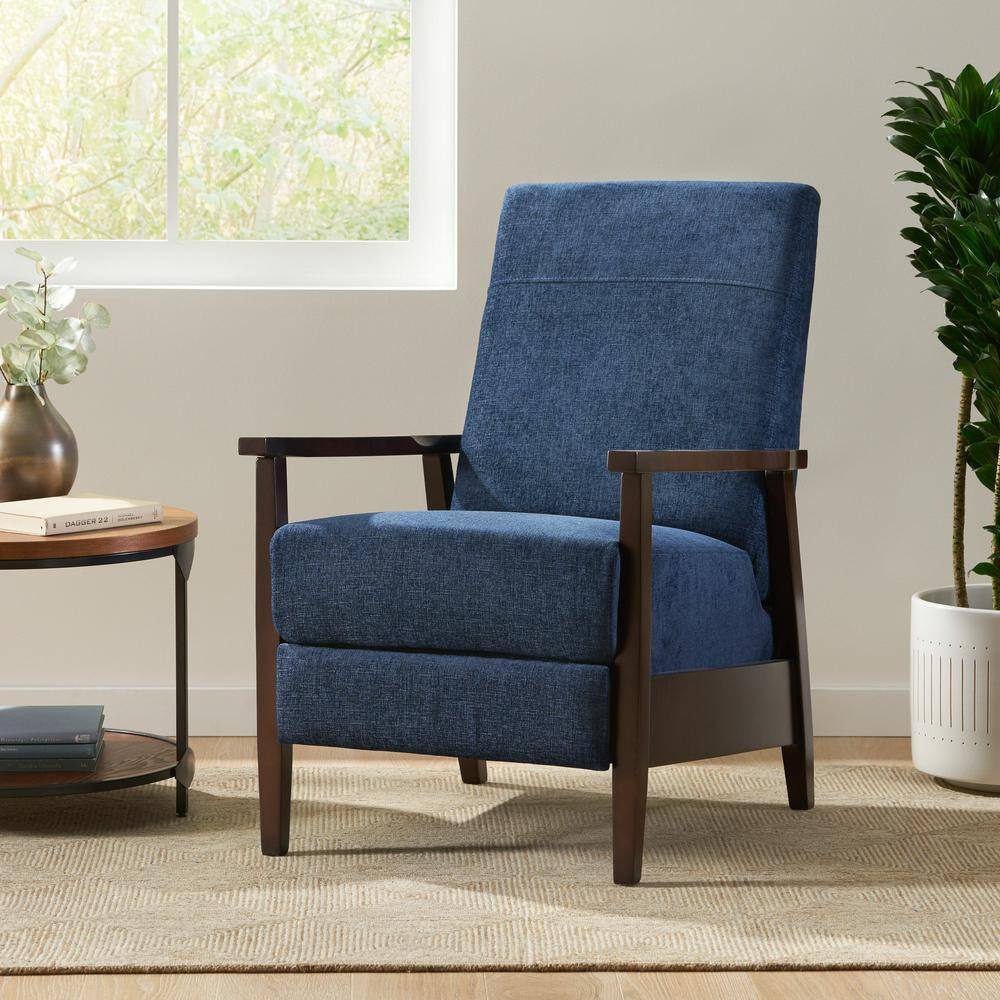 Navy Blue and Chocolate Brown Polyester Club Recliner with Wood Frame