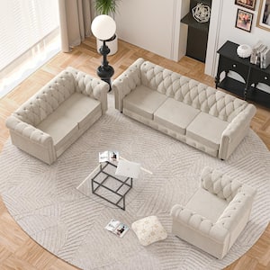 Chesterfield Couches for Living Room, Chair Loveseat and Sofa 3-Pieces Beige Linen Living Room Set with Rolled Arm
