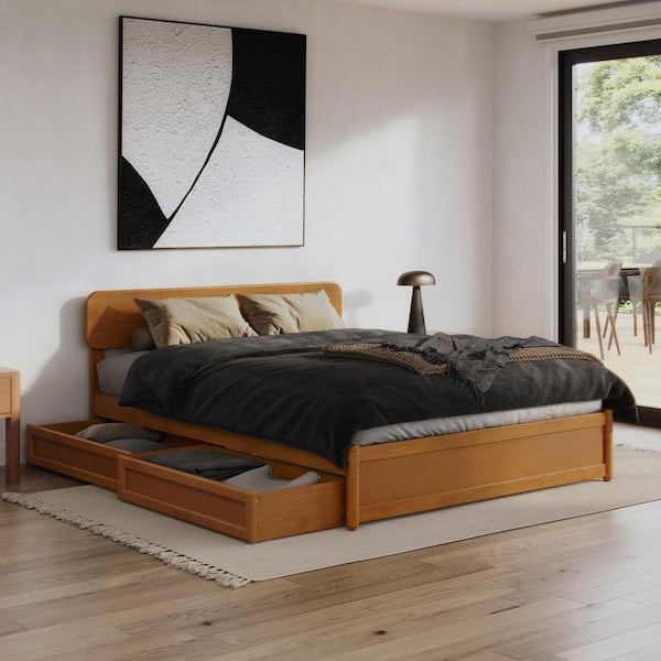 Capri Light Toffee Natural Bronze Solid Wood Frame Queen Platform Bed with Panel Footboard and Storage Drawers