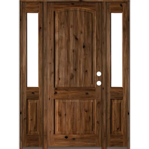 Krosswood Doors 58 in. x 96 in. Rustic Alder Arch Provincial Stained Wood with V-Groove Left Hand Single Prehung Front Door