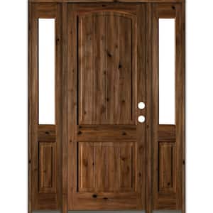 60 in. x 96 in. Rustic Alder Arch Provincial Stained Wood with V-Groove Left Hand Single Prehung Front Door