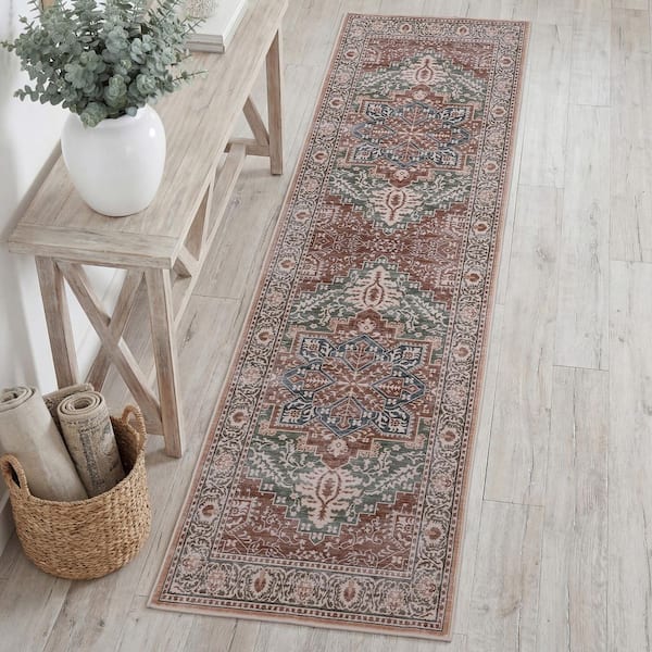 Eleanor Vintage Medallion Border Machine-Washable Green/Brown 2 ft. x 8 ft. Runner Rug
