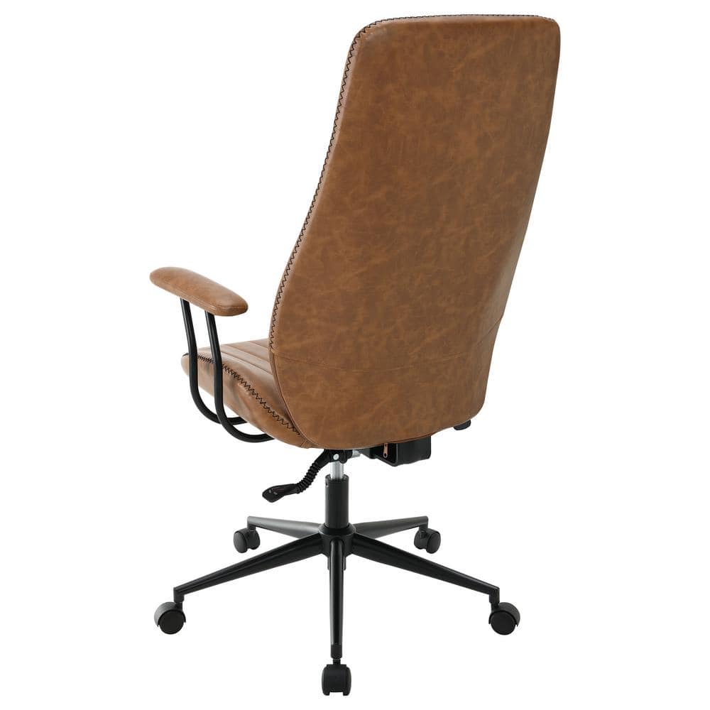 Brown Faux Leather Swivel Desk Chair with Wood Accents