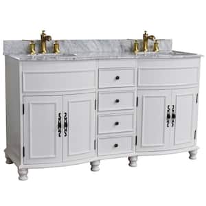 62 in. W Double Vanity in Antique White with Marble Vanity Top in White