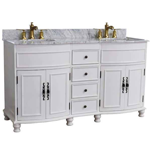 Bellaterra Home 62 in. W Double Vanity in Antique White with Marble Vanity Top in White