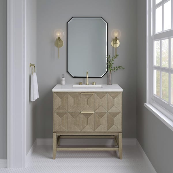 James Martin Vanities Emmeline 36.0 in. W x 23.5 in. D x 37.2 in. H Bathroom Vanity in Pebble Oak with Arctic Fall Solid Surface Top