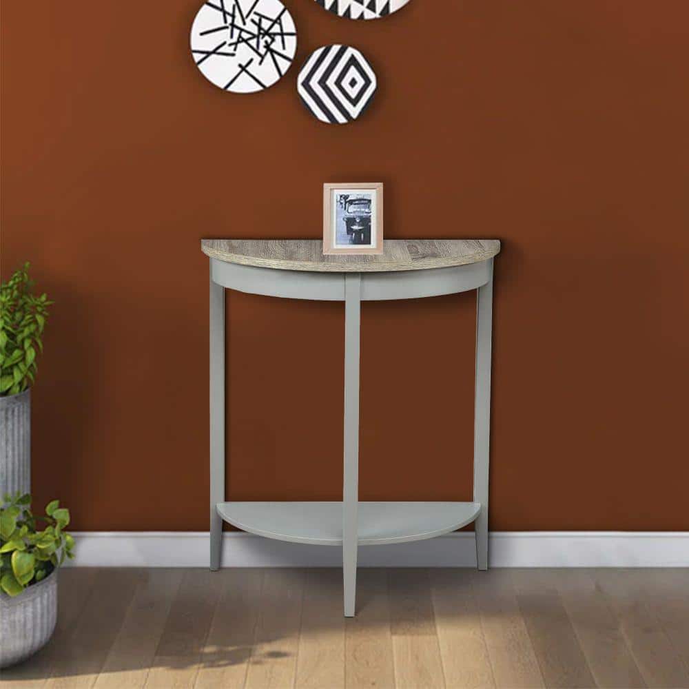 Modern Gray and Brown Demilune Console Table with Storage Shelf