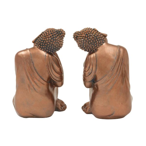 Bronze Polystone Meditating Buddha Sculpture with Engraved Carvings and Relief Detailing (Set of 2)