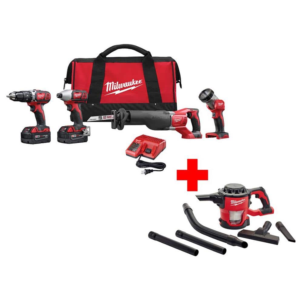 Milwaukee M18 18V Lithium-Ion Cordless Hammer Drill/Impact/Sawzall/Light Combo Kit (4-Tool) with M18 Compact Vacuum -  2696-24-0882-20