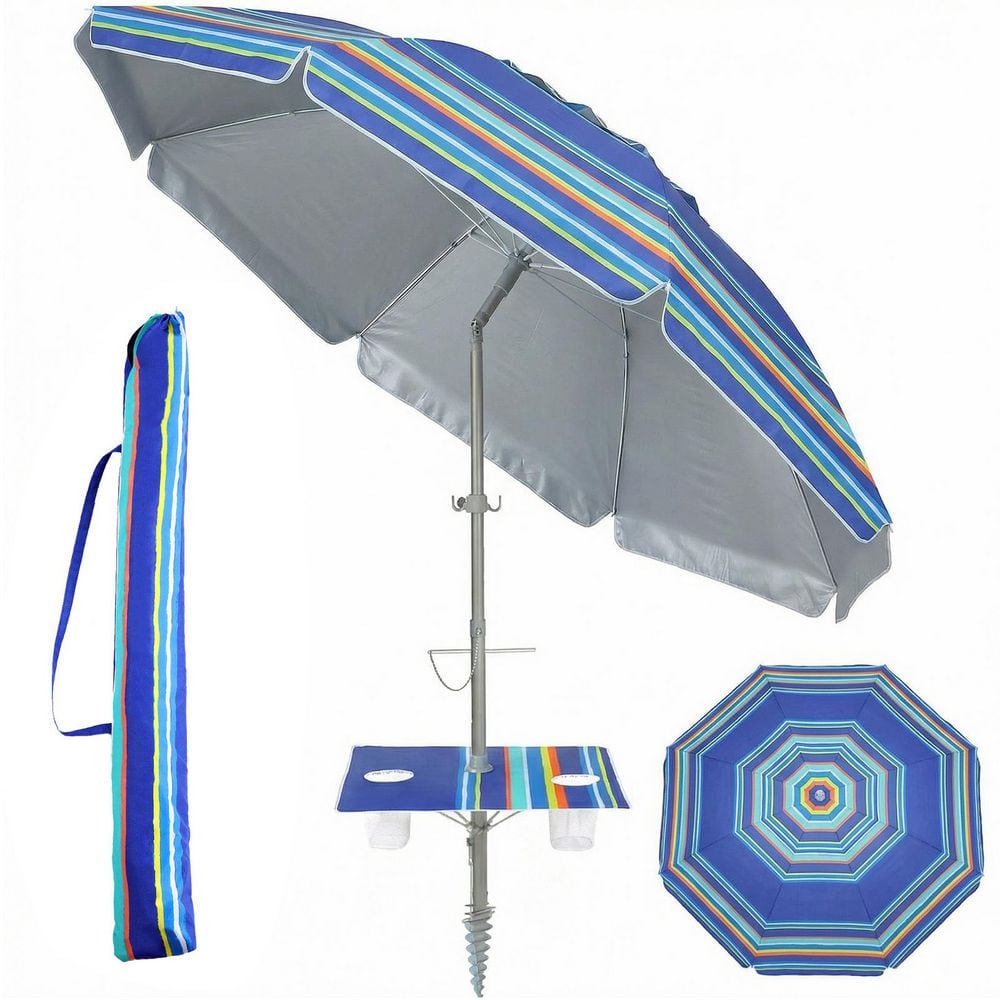 7 ft. Metal Tilt Beach Umbrella with Sand Anchor & Carry Bag, Built-in Table Tray in Dark Blue Stripes price history on PriceWatchPro