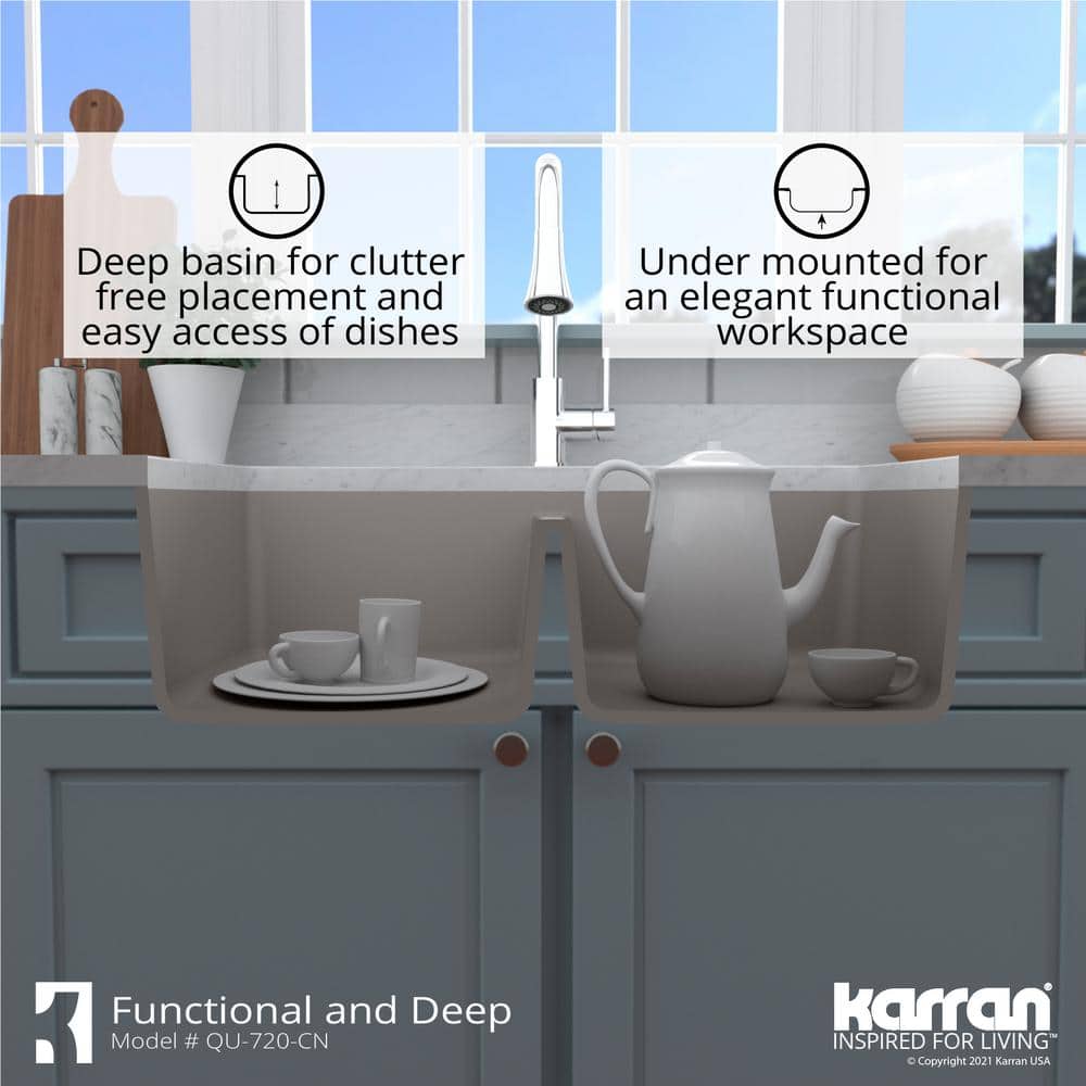Concrete Gray Double Bowl Farmhouse Quartz Kitchen Sink Kit