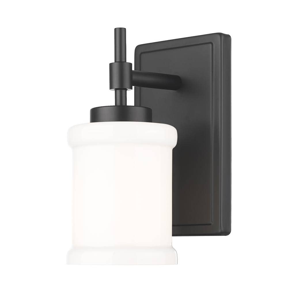 Cadoc 1-Light Matte Black Wall Sconce with Gloss Opal Glass Shade