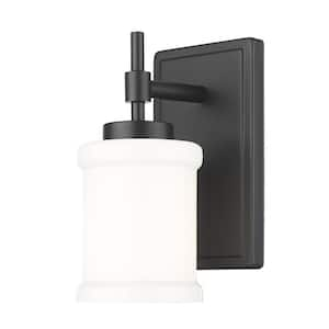 Cadoc 1-Light Matte Black Wall Sconce with Gloss Opal Glass Shade