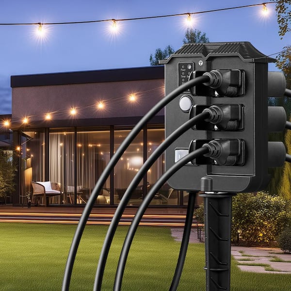 Outdoor Power Stake Light Timer with 6 Grounded Outlets, 13A 1625W, 6 ft. Extension Cord, SJTW 16/3C, Dusk to Dawn
