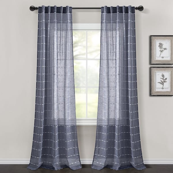 HOMEBOUTIQUE Farmhouse Textured 38 in. W x 84 in. L Back Tab/Rod Pocket Sheer Window Curtain Panels Navy Set