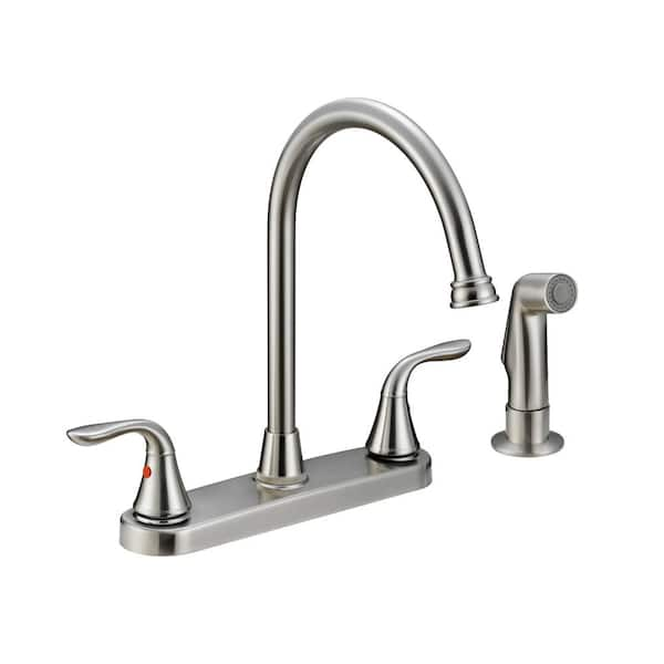 Bk Products High Arc 2 Handle Standard Kitchen Faucet With Sprayer In Brushed Nickel 229 006 The Home Depot