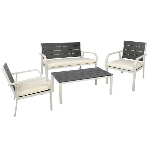 Zeus & Ruta White 4-Piece Wood Grain Design PE Steel Frame Outdoor Patio Conversation Set with Beige Cushions and Coffee Table