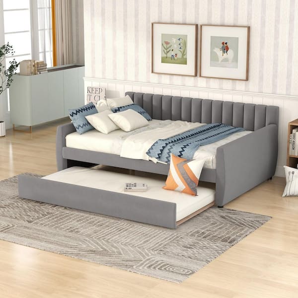 Gray Full Size Upholstered Daybed with Wood Slat Support and Trundle