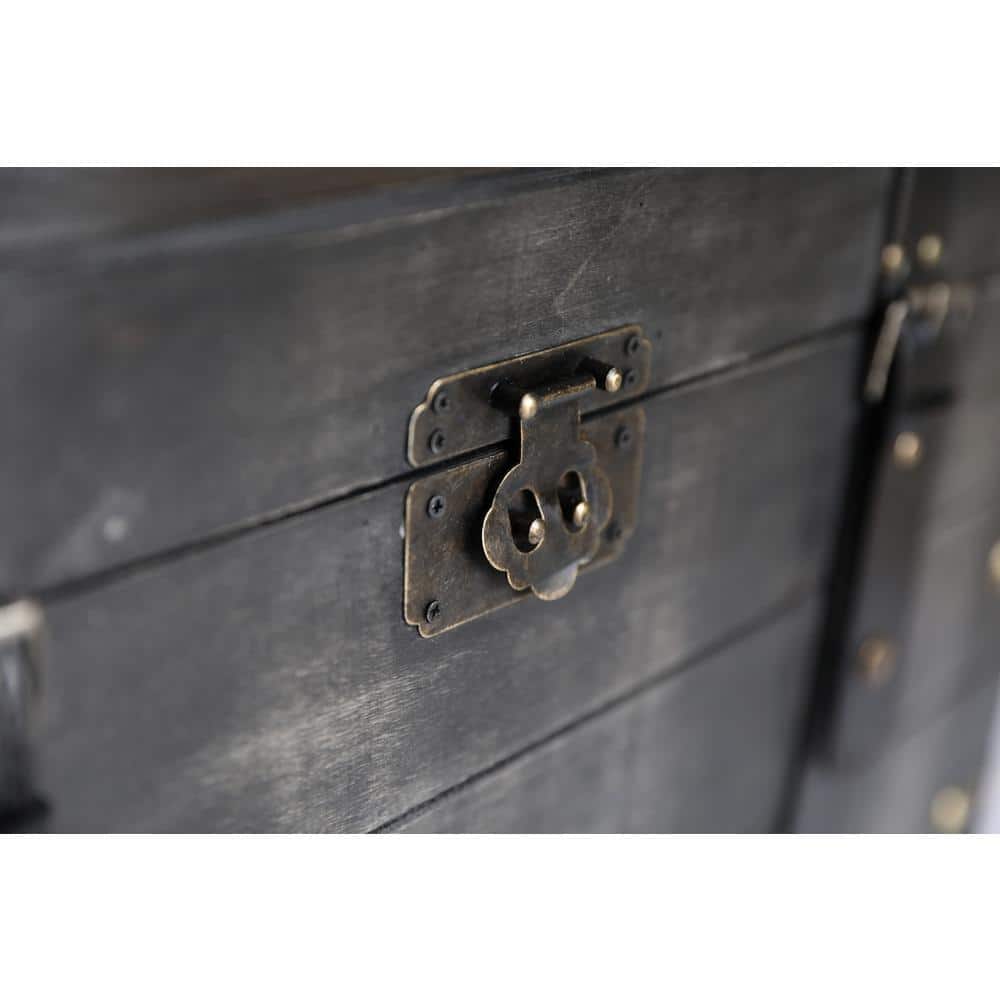 Distressed Black Medium Wooden Storage Trunk with Faux Leather Straps