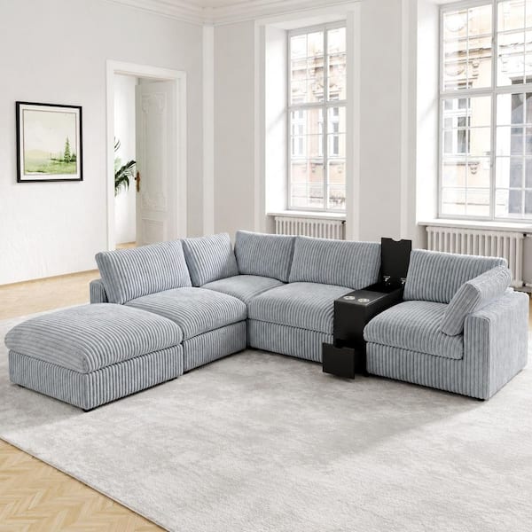 Magic Home 130 in. Square Arm Faux Rabbit Fur Fabric 6-Piece ...