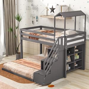Gray Twin over Full House Roof Bunk Bed with Staircase and Shelves
