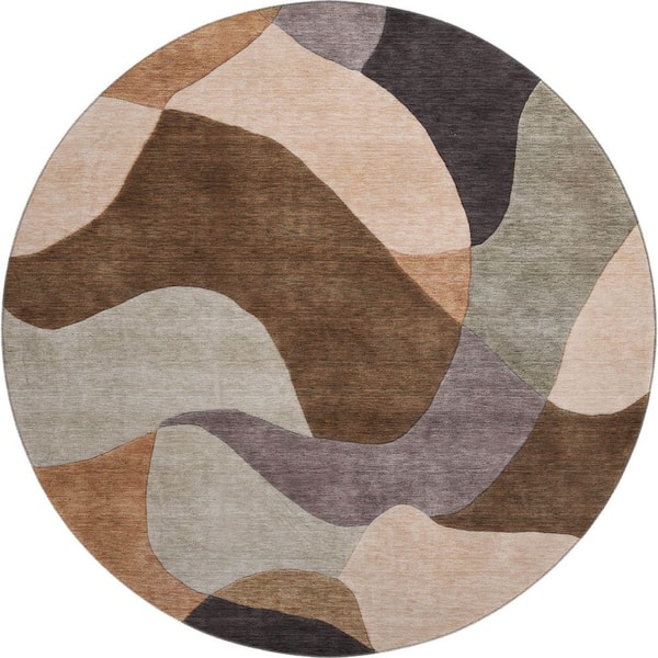 Mayfield Premium Machine Washable Abstract AMF2141 Chocolate 8 ft. x 8 ft. Round Rug