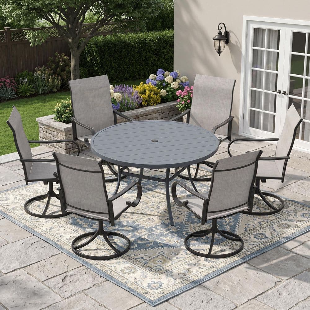 7-Piece Metal Outdoor Dining Set with 50 in. Gray Round Slatted Table and 6 Gray 360° Swivel Textilene Dining Chairs price history on PriceWatchPro