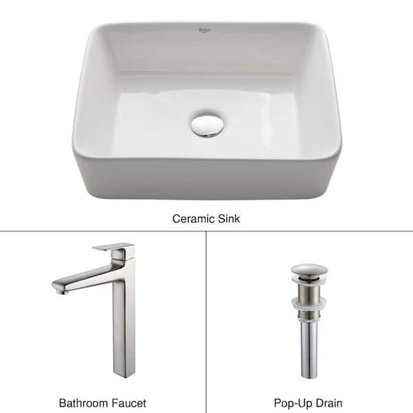 KRAUS Rectangular Ceramic Vessel Sink in White with Virtus Faucet in Brushed Nickel