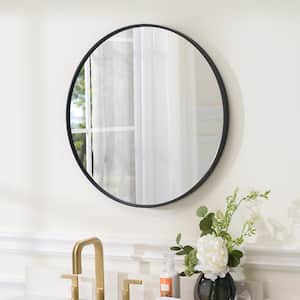 BELLA 24 in. W x 24 in. H Round Aluminum Framed Wall-Mounted Bathroom Vanity Mirror in Matte Black