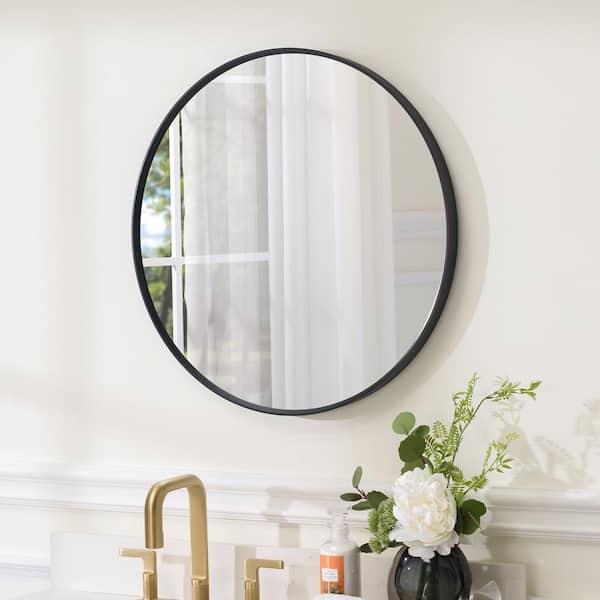 WELLFOR BELLA 24 in. W x 24 in. H Round Aluminum Framed Wall-Mounted Bathroom Vanity Mirror in Matte Black